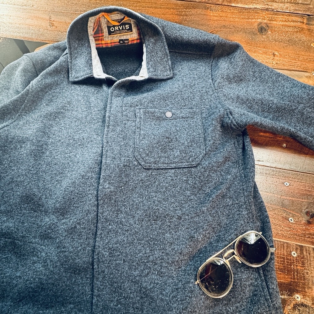 Orvis Mens XL Navy Knit Jacket Recycled Polyester 3 Pockets Full Snap Close - Picture 5 of 13
